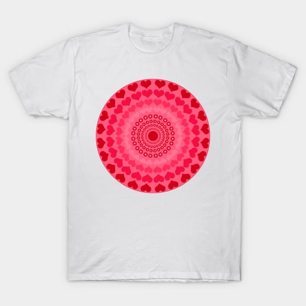 Bright Red Hearts in Kaleidoscope Mandala Round Style T-Shirt by CheriesArt